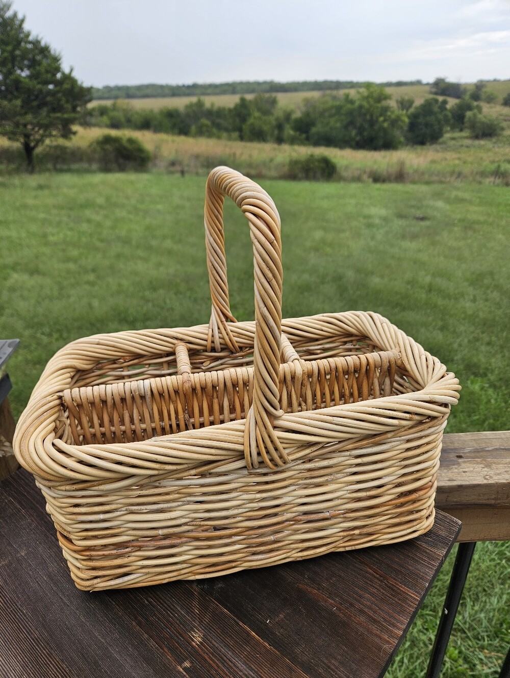 Vintage Wicker Caddy Basket Divided Utensil Silverware Holder Farmhouse Picnic